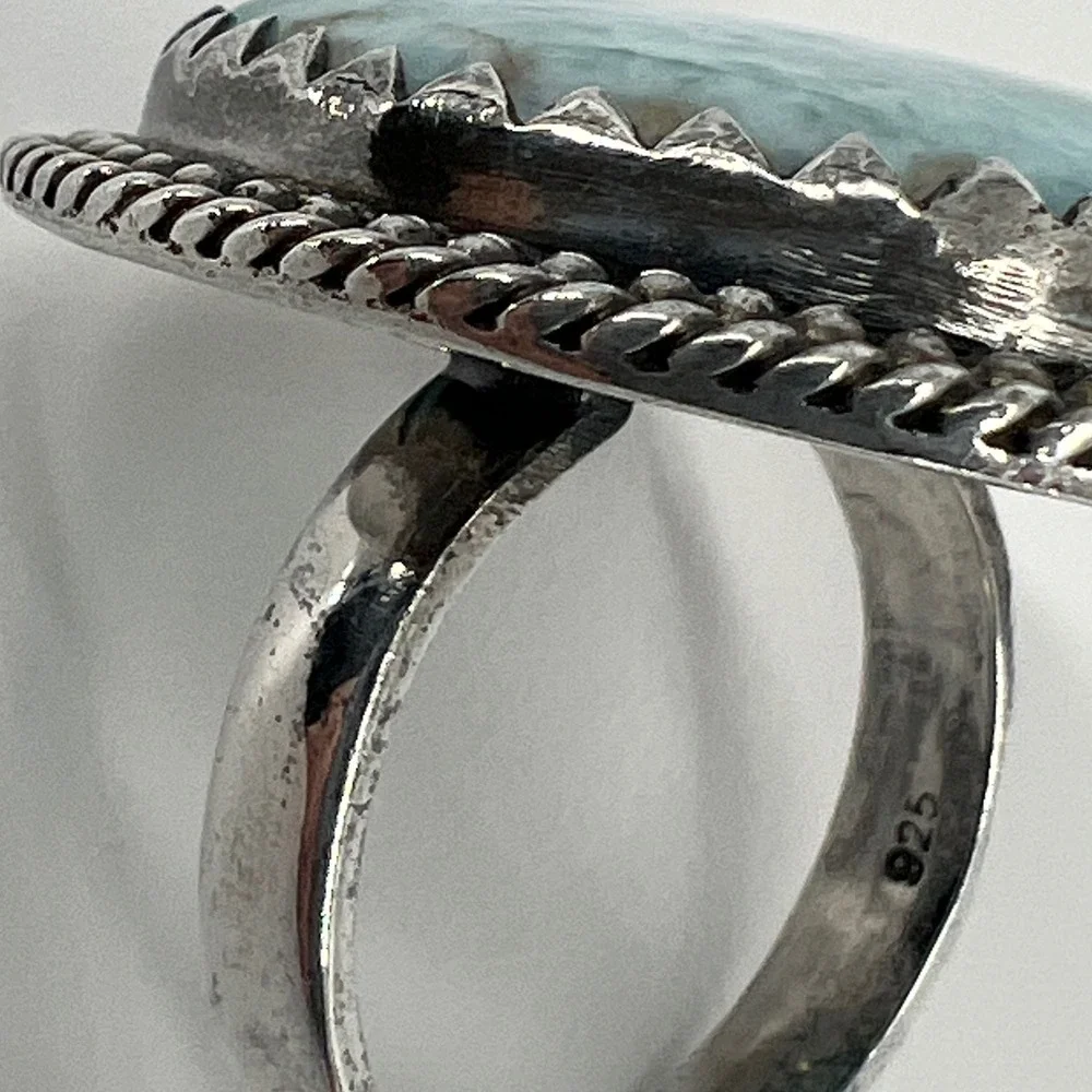 Artisan Larimar Ring Size 9 Blue 925 Sterling Silver Statement Cabochon 19.6g